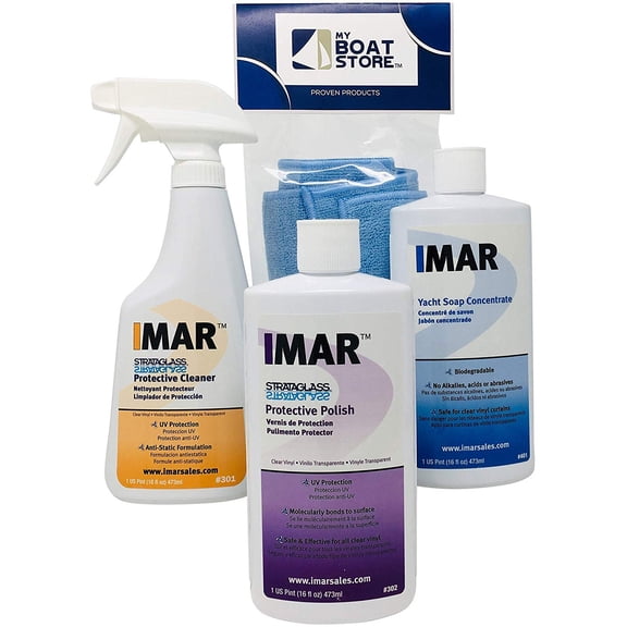 MyBoatStore Bundle Includes 16 Ounce Bottles of Imar #301 Strataglass Cleaner, 302 Polish, 401 Yacht Soap with 1 Microfiber Detailing Cloth 4 Total Items