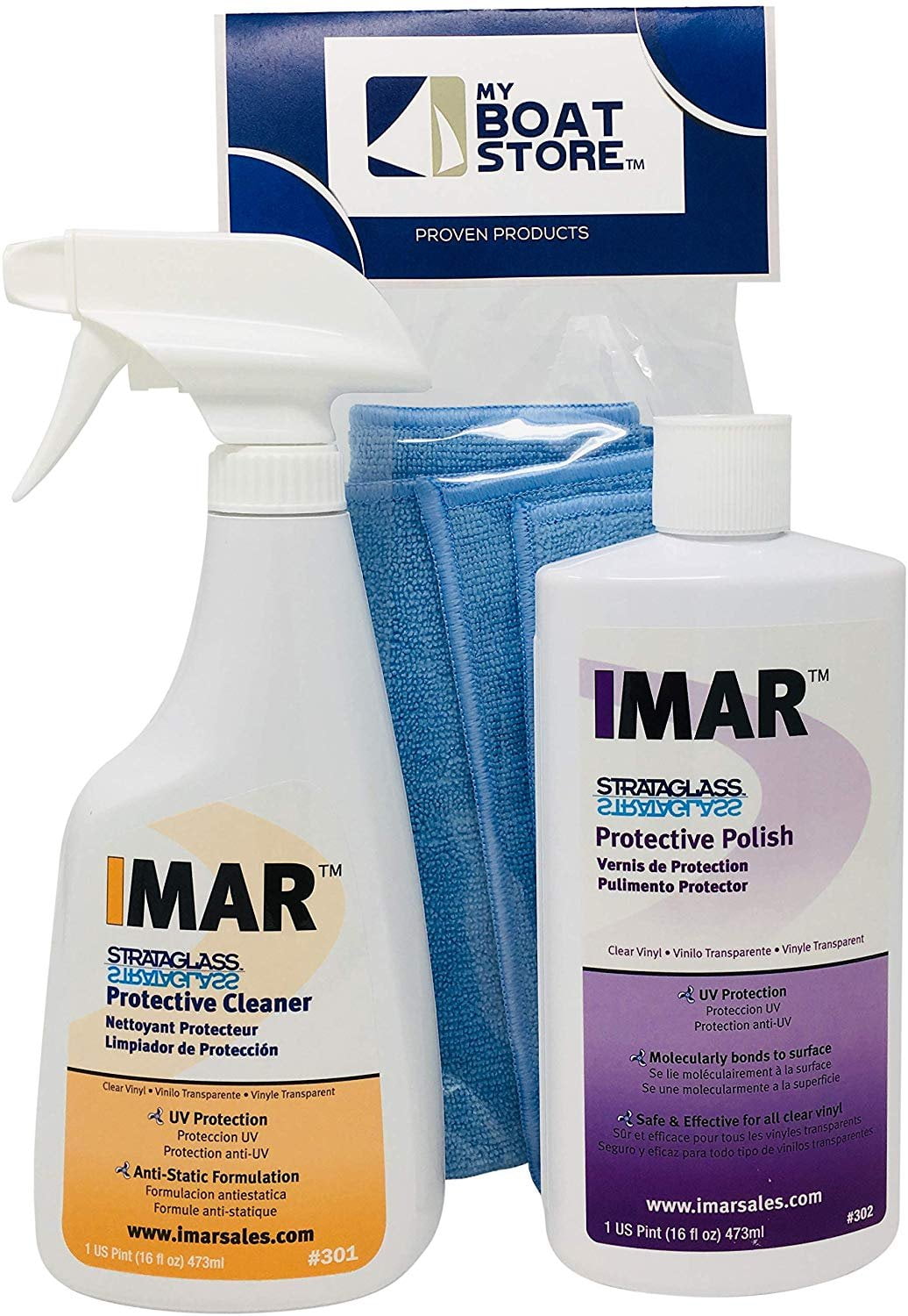 MyBoatStore Bundle Includes Imar 301 Strataglass Cleaner, an Imar 302 Polish and a Microfiber Detailing Cloth. Bundle has 3 Total Items