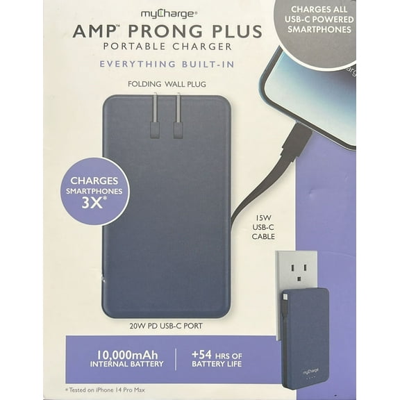 MyCharge AMPPRONG 10K mAh PD USB-C Cable + Wall plug, Blue