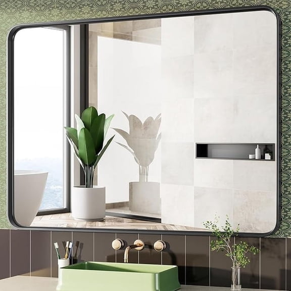 MyDepot Black Vanity Bathroom Mirror for Wall, Metal Framed Rounded Rectangular Modern Mirrors for Over Sink, 30x40 Inch for Farmhouse