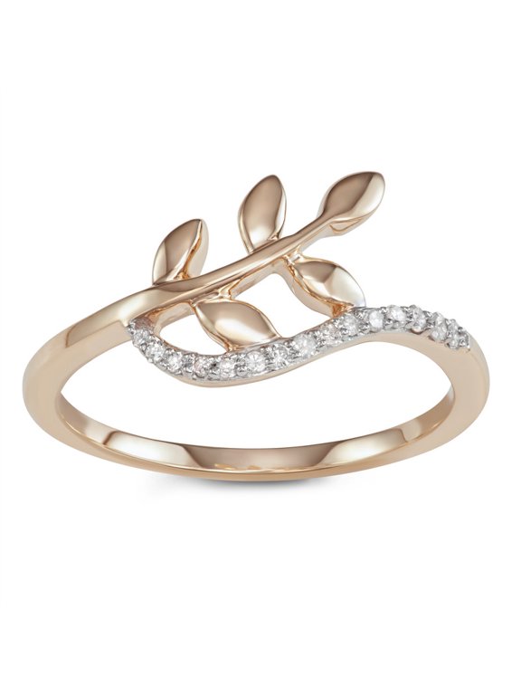 1/10 Carat Total Weight (cttw) 10K Wedding Rings - Leaf Motif Diamond, Yellow Gold Fashion Ring for Women (Size: 6)
