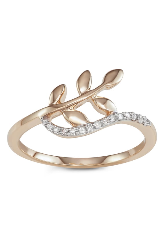 1/10 Carat Total Weight (cttw) 10K Wedding Rings - Leaf Motif Diamond, Yellow Gold Fashion Ring for Women (Size: 8)