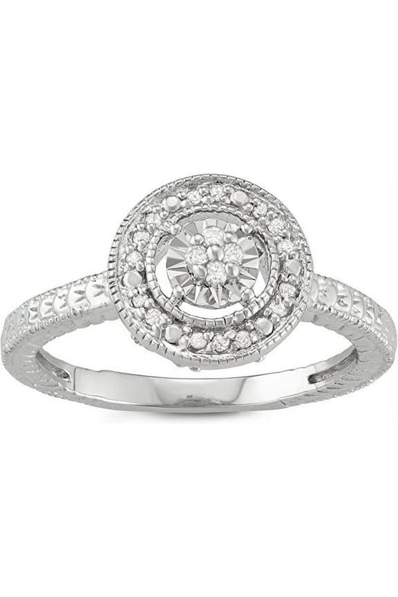 1/10 Carat Total Weight (cttw) Sterling Silver - Solitaire Look Diamond Halo Wedding Ring - for Women (Size: 7)