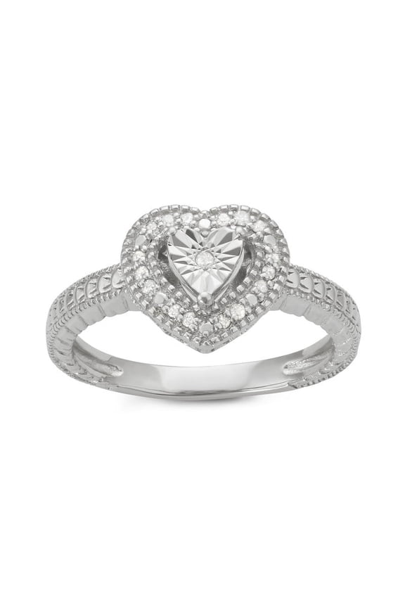 1/10 Carat Total Weight (cttw) Sterling Silver White Diamond Heart Solitaire Look Wedding Ring - for Women (Size: 6)