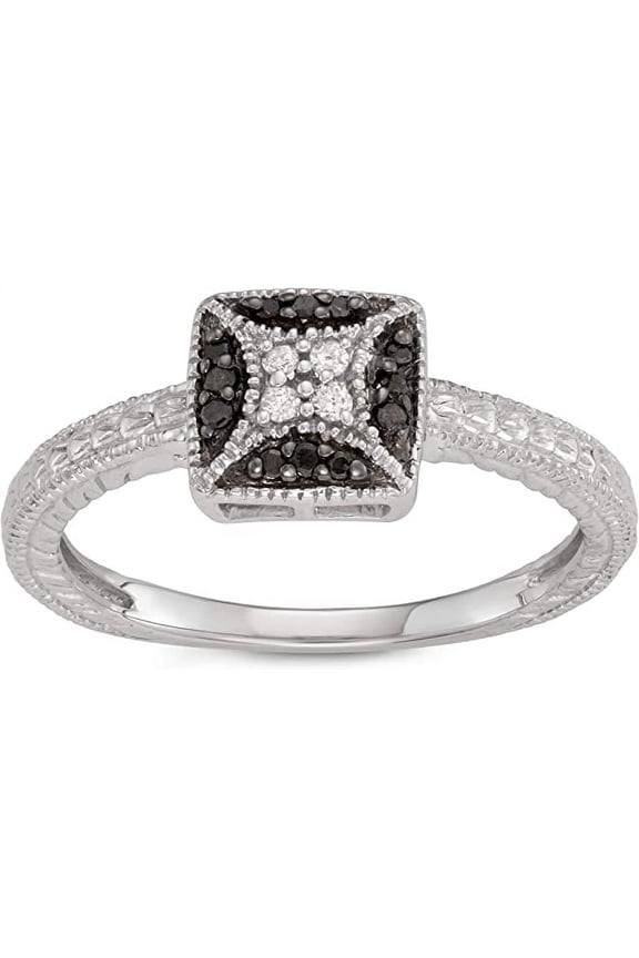 1/10 Carat Total Weight (cttw) Sterling Silver, White and Black Diamond Square Wedding Ring - Bridal ring for Women (Size: 5)