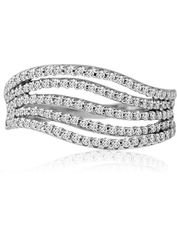 1/2 Carat Total Weight (cttw) 10K White Gold Diamond Multi-Row Wave Wedding Ring - For Women (Size: 7)