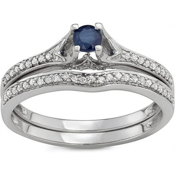 MyDiamondBox 1/2 Carat Total Weight (cttw) 14K White Gold Wedding Rings with Blue Sapphire Gemstone - Diamond Bridal Ring for Women (Ring Size: 5)