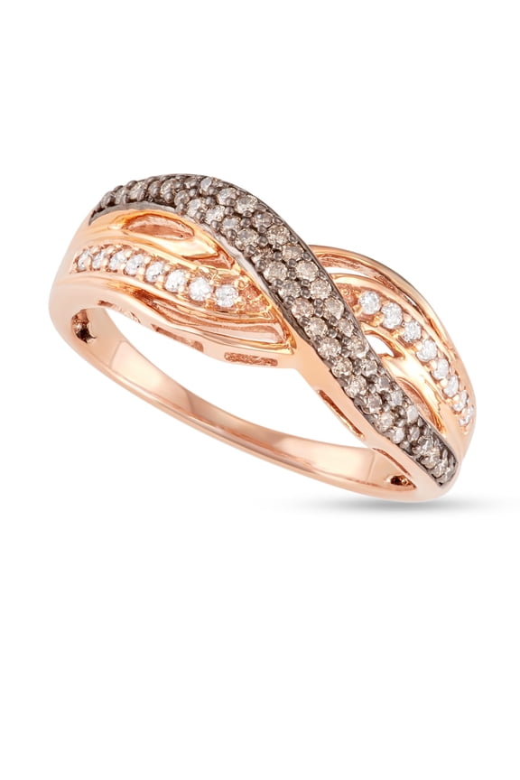 1/3 Carat Total Weight (cttw) White and Brown Diamonds By-Pass Ring - Sterling Silver with Rose Gold Plated Rings for Women (Size: 5)