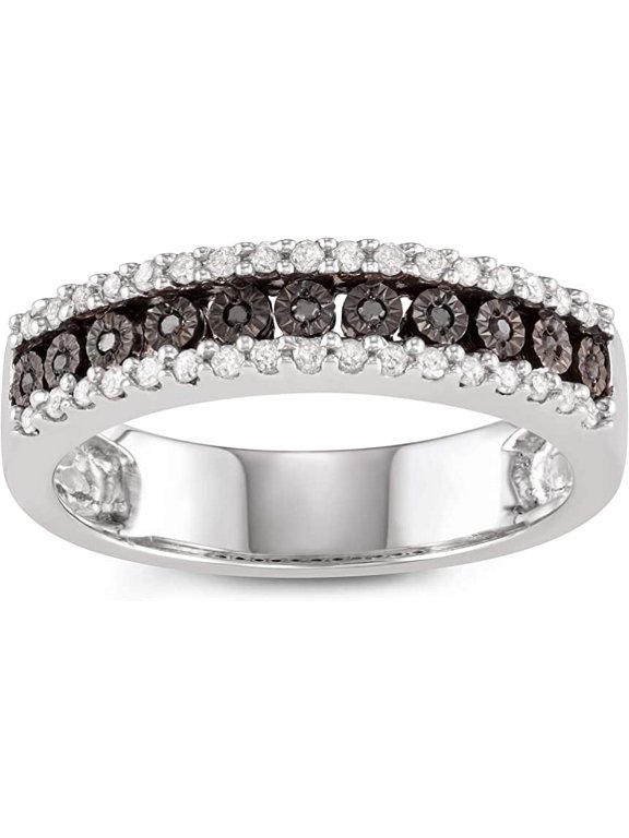 1/4 Carat Total Weight (cttw) Sterling Silver, White and Black Diamond Illusion Plate Band - Bridal ring for Women (Size: 6)