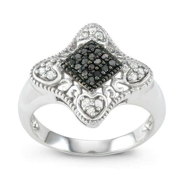 MyDiamondBox 1/5 CTTW White & Black Diamonds Filigree Design Ring crafted in Rhodium Plated Sterling Silver, Real Diamond Ring for Women US-SZ 5