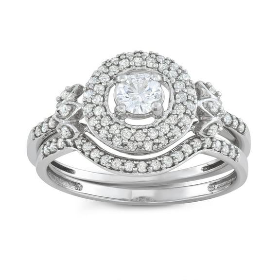 MyDiamondBox 5/8 ct White Diamond Classic Double Halo Pave Bridal Set Ring crafted in 10KT White Gold Real Diamond Ring for Women, US5