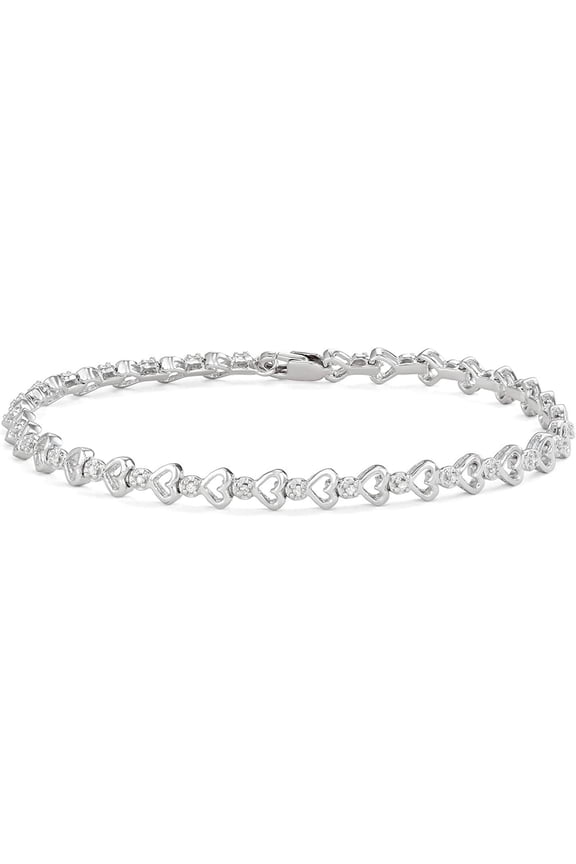 925-Sterling Silver Bracelet - White Diamonds, Heart Link Shape Bracelet for Women and Girls