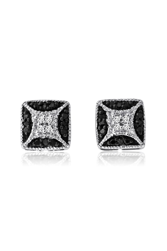 Sterling Silver Black and White Diamond Square Shape Stud Earrings
