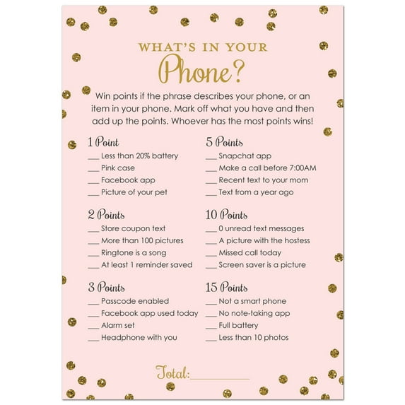 MyExpression What's in Your Phone Bridal Shower Game, Faux Gold Glitter on Pink, 5" x 7", 24 Cards
