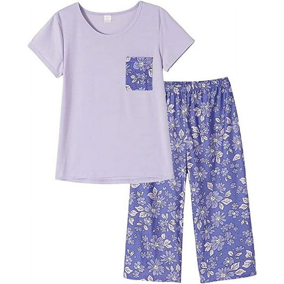 MyFav Women's Capri Pajama Sets 2-Piece Top & Capri Pants Sleepwear Set,Purple,L