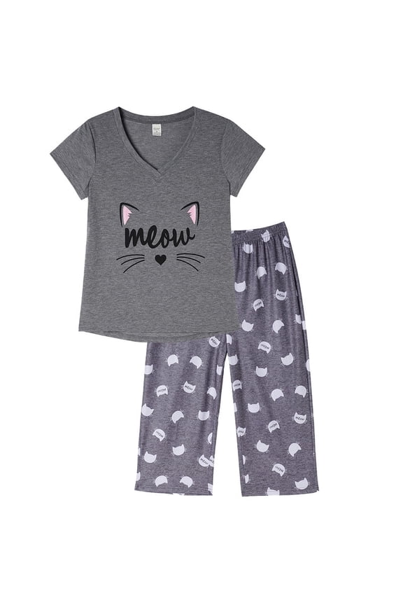 Women's Capri Pajama Sets Plus Size Sleepwear Top with Capri Pants 2 Piece Loungewear Set,2XL