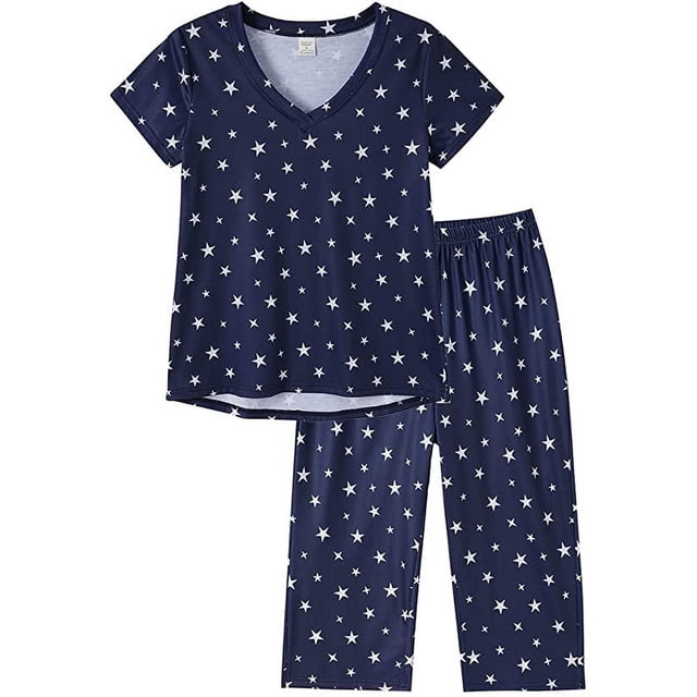 HOWINCO 2-Pack Women's Cotton Pajama Sets - Short Sleeve Top & Capri Pants, Plus Size Sleepwear, Floral & Animal Prints