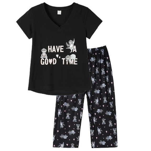 MyFav Women's Capri Pajama Sets Plus Size Sleepwear Top with Capri Pants 2 Piece Loungewear Set Black,XL