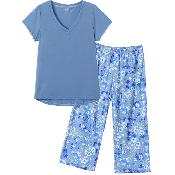 MyFav Women's Capri Pajama Sets Plus Size Sleepwear Top with Capri Pants 2 Piece Loungewear Set Blue,4XL