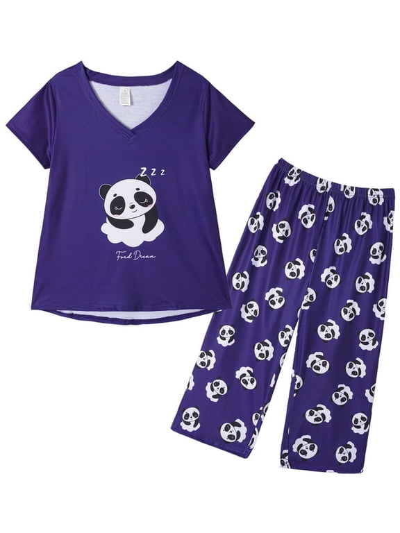 Women's Capri Pajama Sets Plus Size Sleepwear Top with Capri Pants 2 Piece Loungewear Set,Blue Panda,3XL