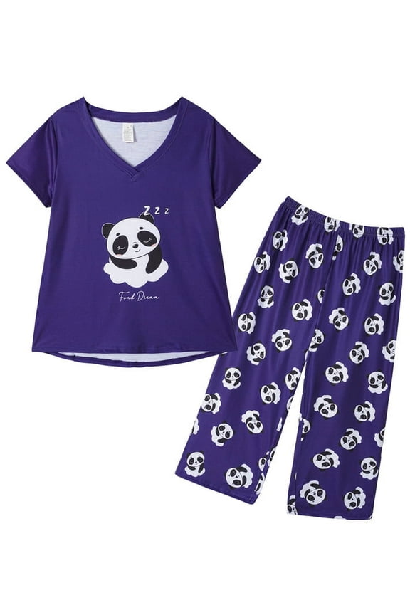 Women's Capri Pajama Sets Plus Size Sleepwear Top with Capri Pants 2 Piece Loungewear Set,Blue Panda,XL