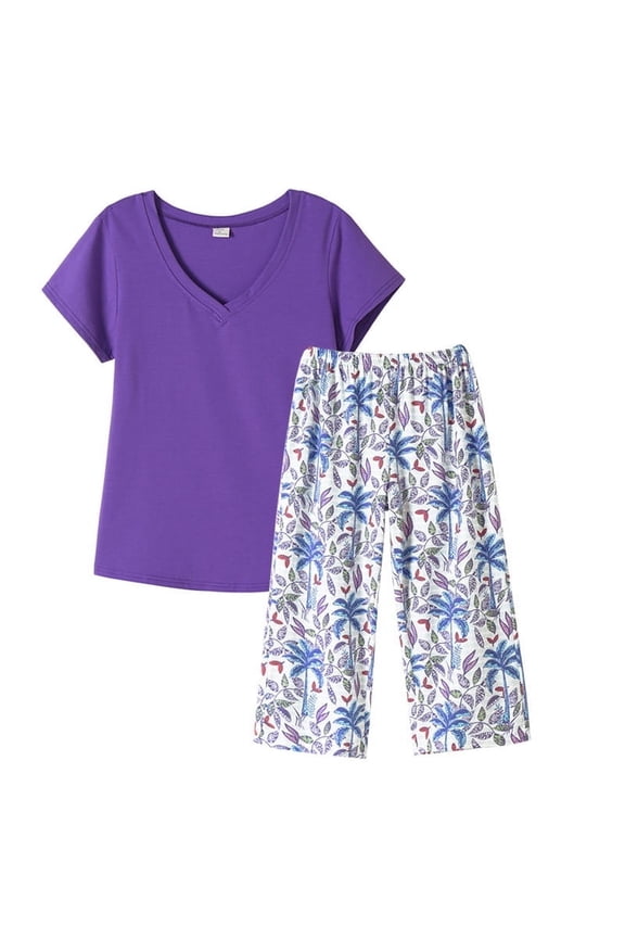 Women's Capri Pajama Sets Plus Size Sleepwear Top with Capri Pants 2 Piece Loungewear Set,Dark Purple,M