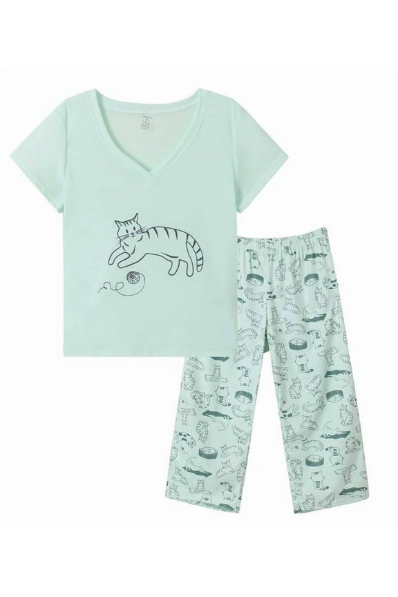 Women's Capri Pajama Sets Plus Size Sleepwear Top with Capri Pants 2 Piece Loungewear Set,Green Cat,3XL