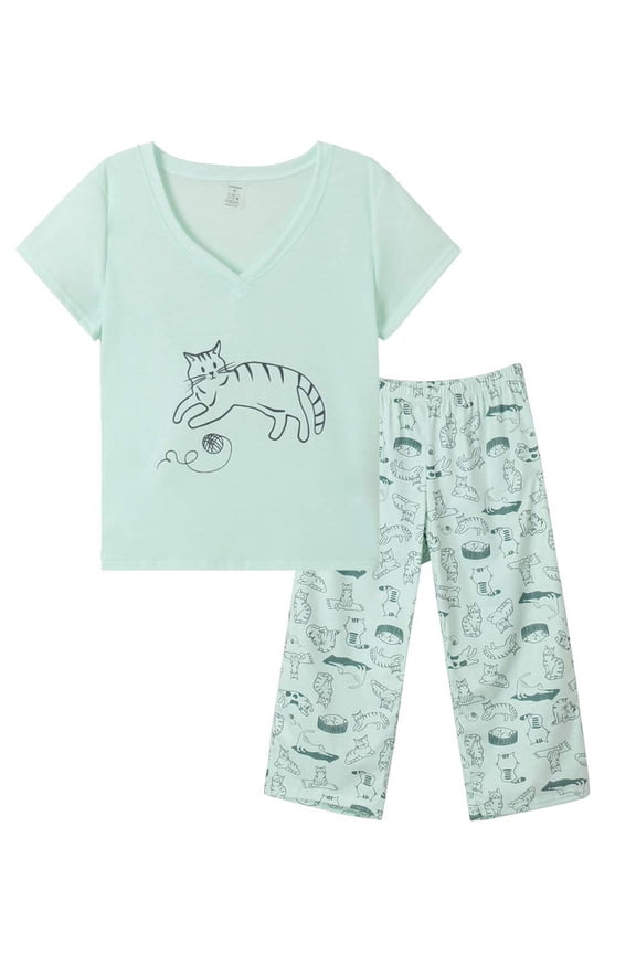 Women's Capri Pajama Sets Plus Size Sleepwear Top with Capri Pants 2 Piece Loungewear Set Green Cat,4XL