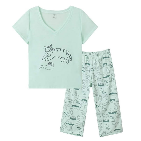 MyFav Women's Capri Pajama Sets Plus Size Sleepwear Top with Capri Pants 2 Piece Loungewear Set,Green Cat,L