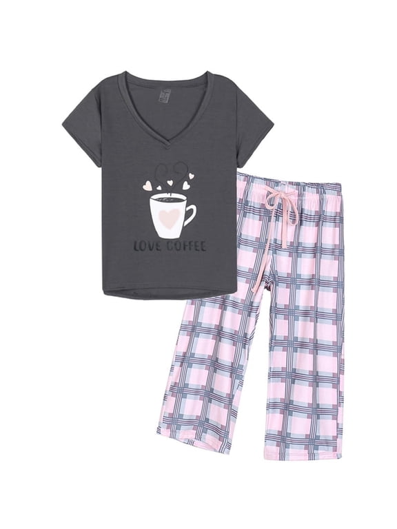 Women's Capri Pajama Sets Plus Size Sleepwear Top with Capri Pants 2 Piece Loungewear Set Grey,4XL