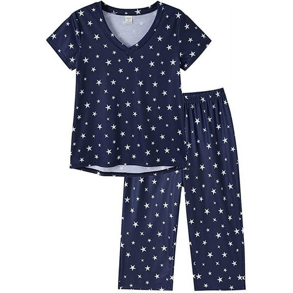 MyFav Women's Capri Pajama Sets Plus Size Sleepwear Top with Capri Pants 2 Piece Loungewear Set,L