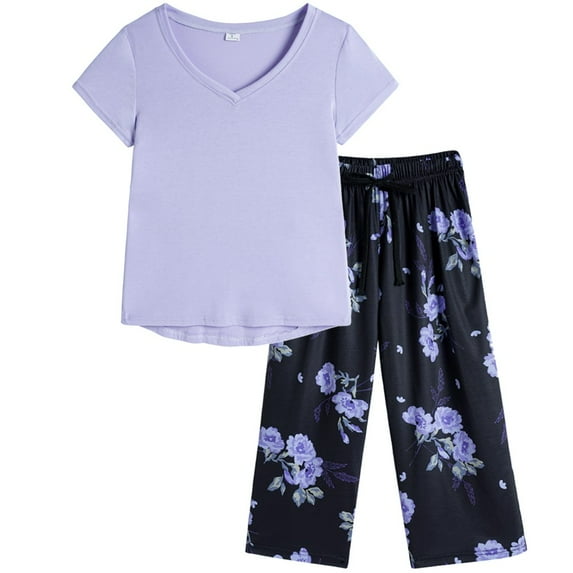 MyFav Women's Capri Pajama Sets Plus Size Sleepwear Top with Capri Pants 2 Piece Loungewear Set,L