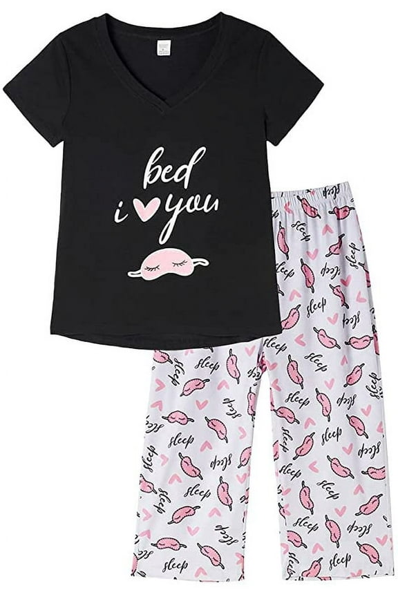 Women's Capri Pajama Sets Plus Size Sleepwear Top with Capri Pants 2 Piece Loungewear Set,M