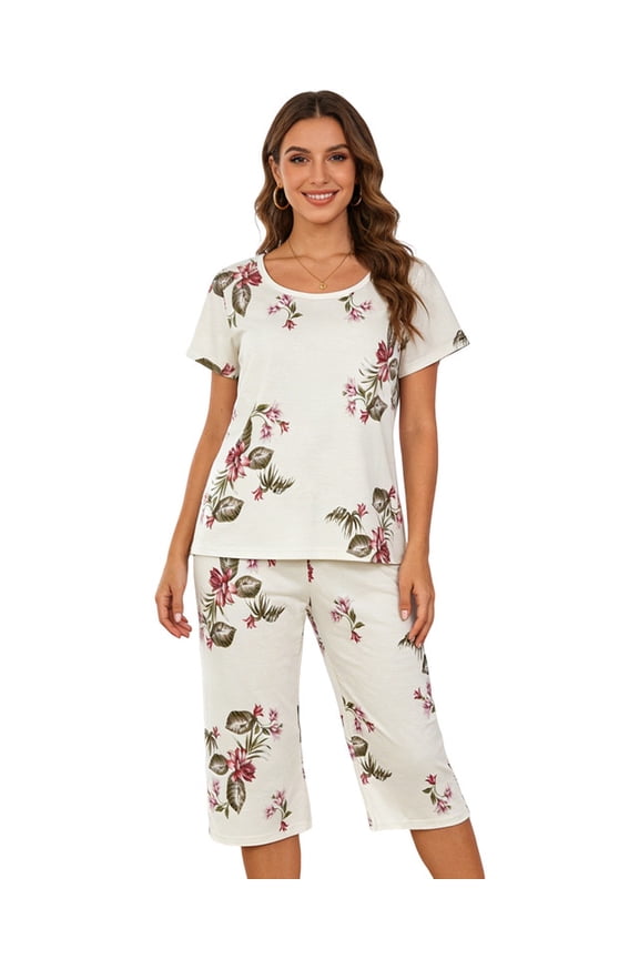 Women's Capri Pajama Sets Plus Size Sleepwear Top with Capri Pants 2 Piece Loungewear Set,M