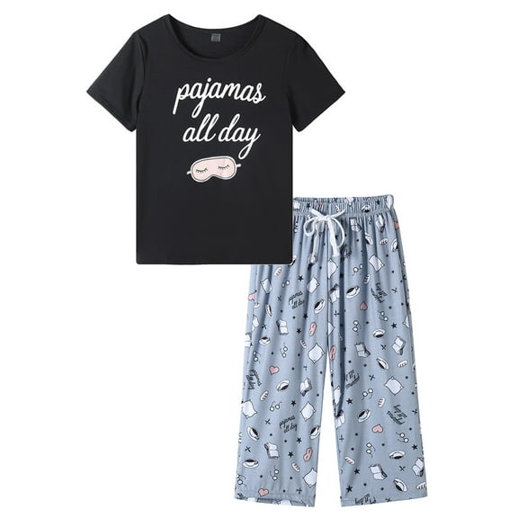 MyFav Women's Capri Pajama Sets Plus Size Sleepwear Top with Capri Pants 2 Piece Loungewear Set,M