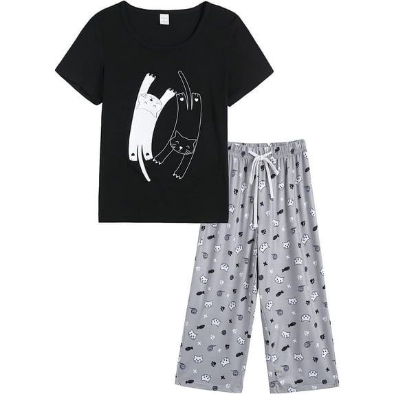 MyFav Women's Capri Pajama Sets Plus Size Sleepwear Top with Capri Pants 2 Piece Loungewear Set,M