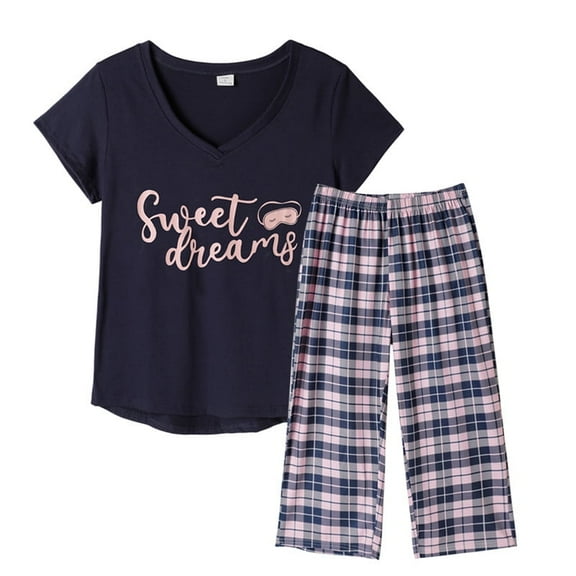 MyFav Women's Capri Pajama Sets Plus Size Sleepwear Top with Capri Pants 2 Piece Loungewear Set,Navy,M