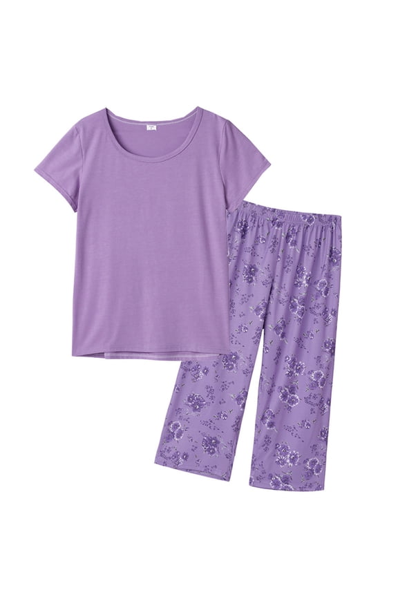 Women's Capri Pajama Sets Plus Size Sleepwear Top with Capri Pants 2 Piece Loungewear Set Purple Flowers,XL