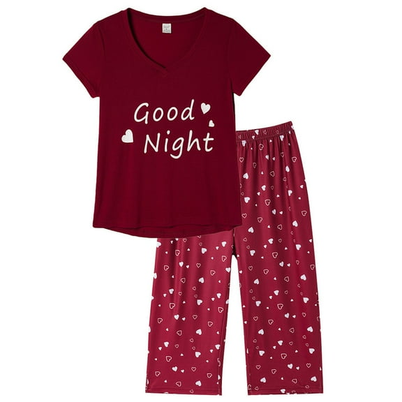 MyFav Women's Capri Pajama Sets Plus Size Sleepwear Top with Capri Pants 2 Piece Loungewear Set Red,4XL