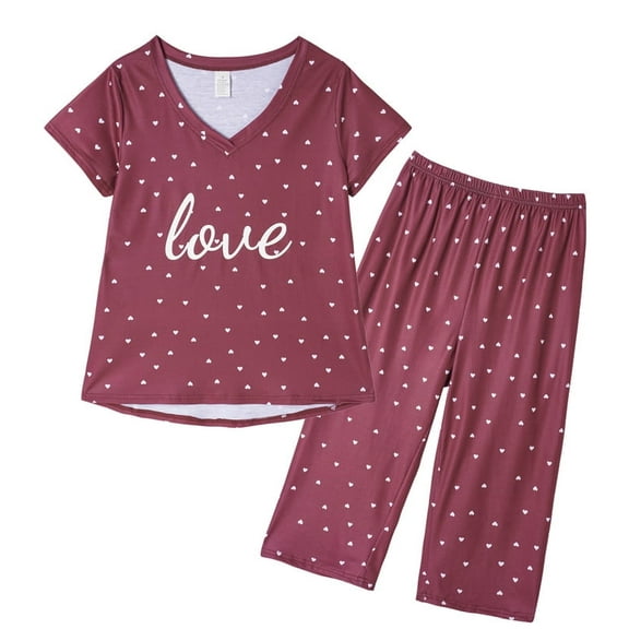MyFav Women's Capri Pajama Sets Plus Size Sleepwear Top with Capri Pants 2 Piece Loungewear Set,Red,M