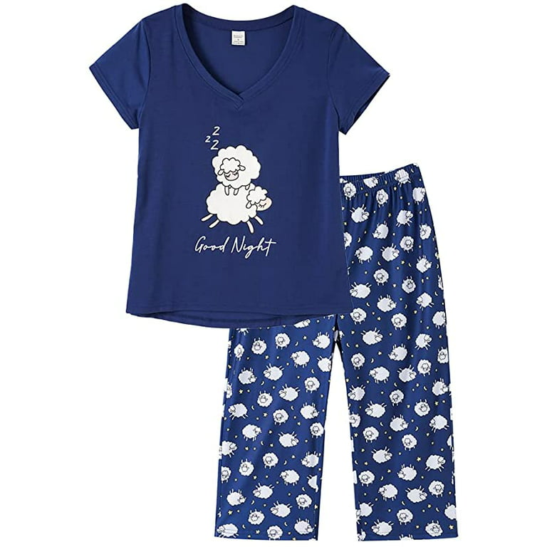MyFav Women's Capri Pajama Sets Plus Size Sleepwear Top with Capri Pants 2  Piece Loungewear Set,S