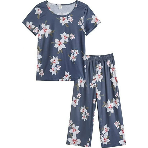 MyFav Women's Capri Pajama Sets Plus Size Sleepwear Top with Capri Pants 2 Piece Loungewear Set,S