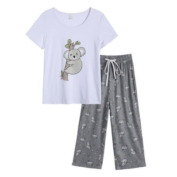 MyFav Women's Capri Pajama Sets Plus Size Sleepwear Top with Capri Pants 2 Piece Loungewear Set,White Koala,2XL