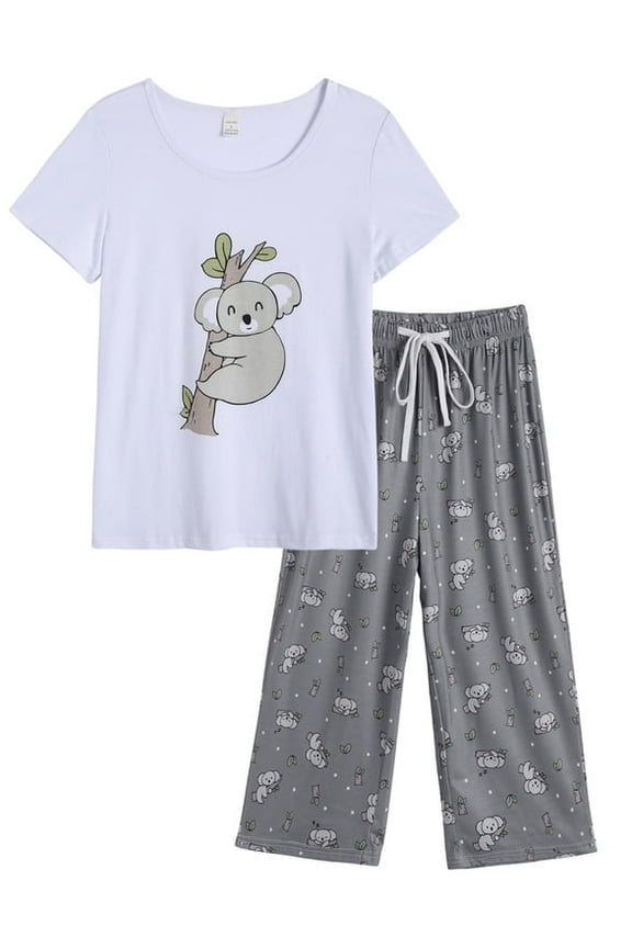 Women's Capri Pajama Sets Plus Size Sleepwear Top with Capri Pants 2 Piece Loungewear Set,White Koala,2XL