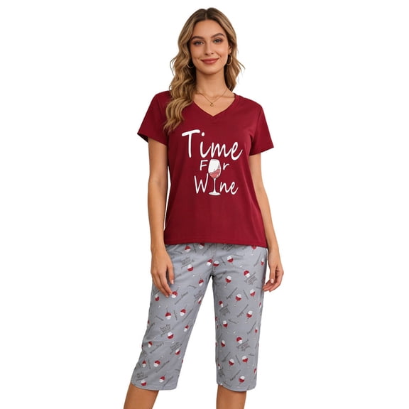 MyFav Women's Capri Pajama Sets Plus Size Sleepwear Top with Capri Pants 2 Piece Loungewear Set,XL