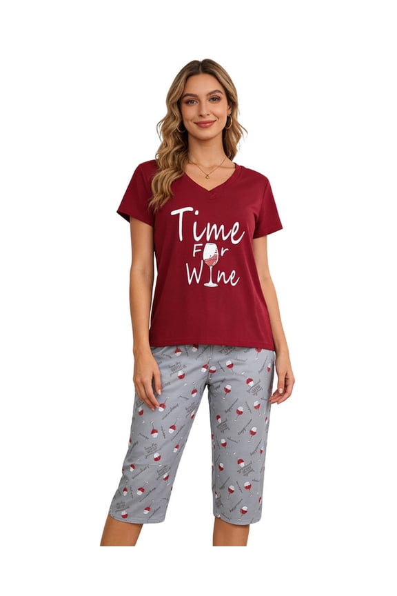 Women's Capri Pajama Sets Plus Size Sleepwear Top with Capri Pants 2 Piece Loungewear Set,XL