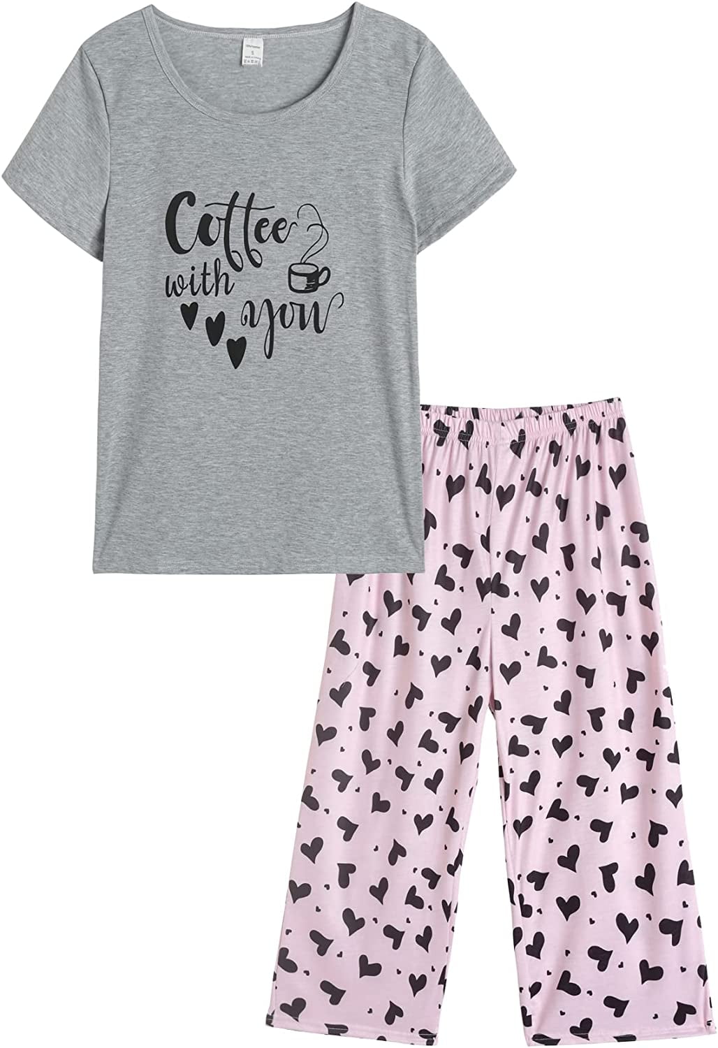 Women's Cute Cat & Letter Prnt Pajama Set, Short Sleeve Round Neck Top