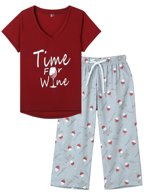 MyFav Women's Capri Pajama Sets Plus Size Sleepwear Top with Capri Pants 2 Piece Loungewear Set,XL