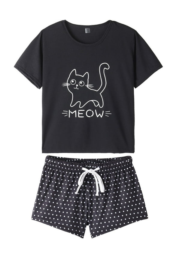Women's Cute Cartoon Print Tee and Shorts Pajama Set,M