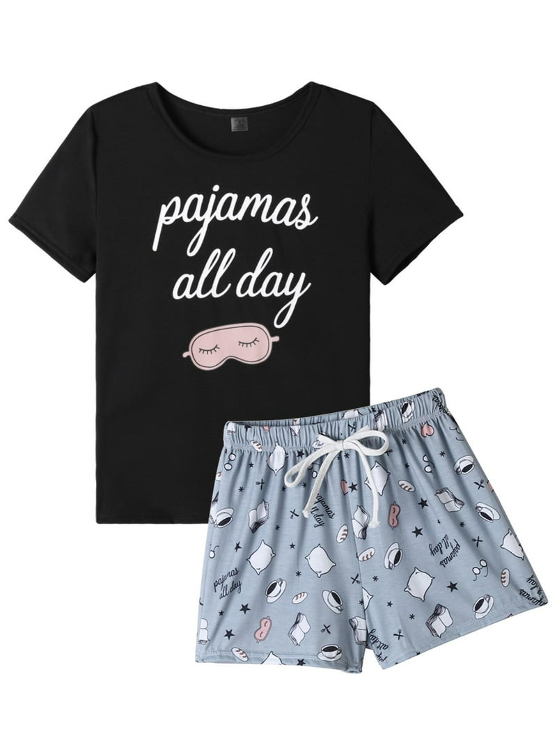 MyFav Women's Cute Cartoon Print Tee and Shorts Pajama Set,M